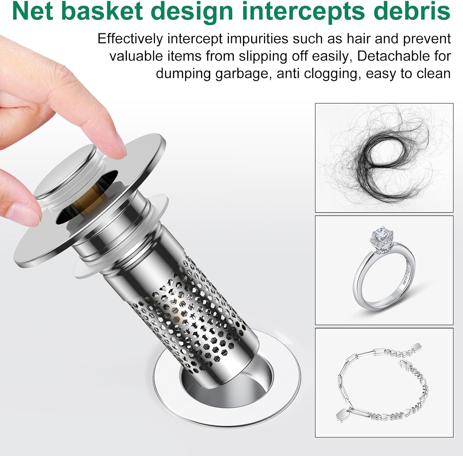 Bathroom Sink Drain Strainer,Universal Pop-Up Sink Stopper Hair Catcher, Anti-Clog Stainless Steel Drain Filter