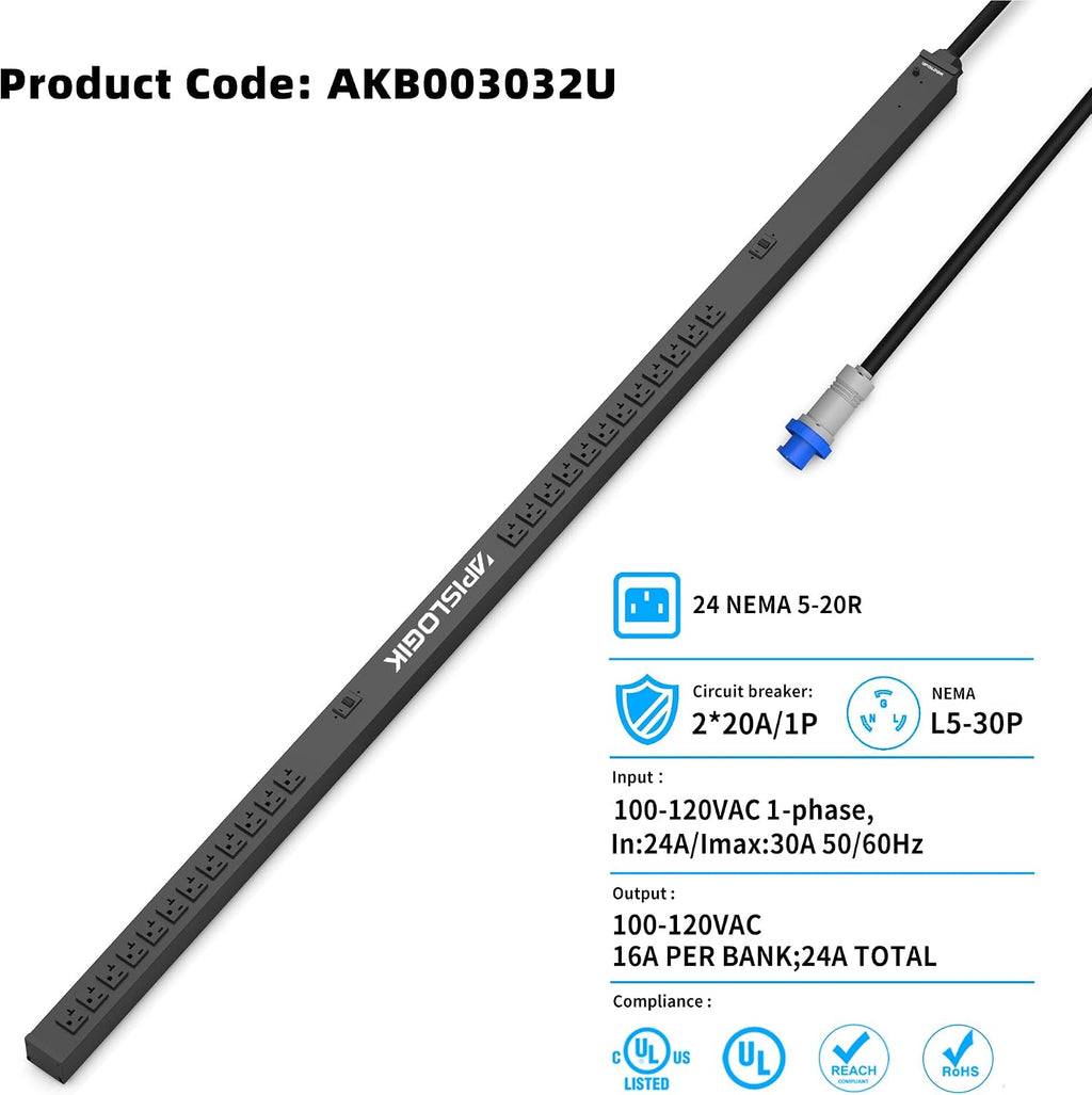 Basic PDU, 30A, 24 Outlets (5-20R), 120V, NEMA L5-30P Input
