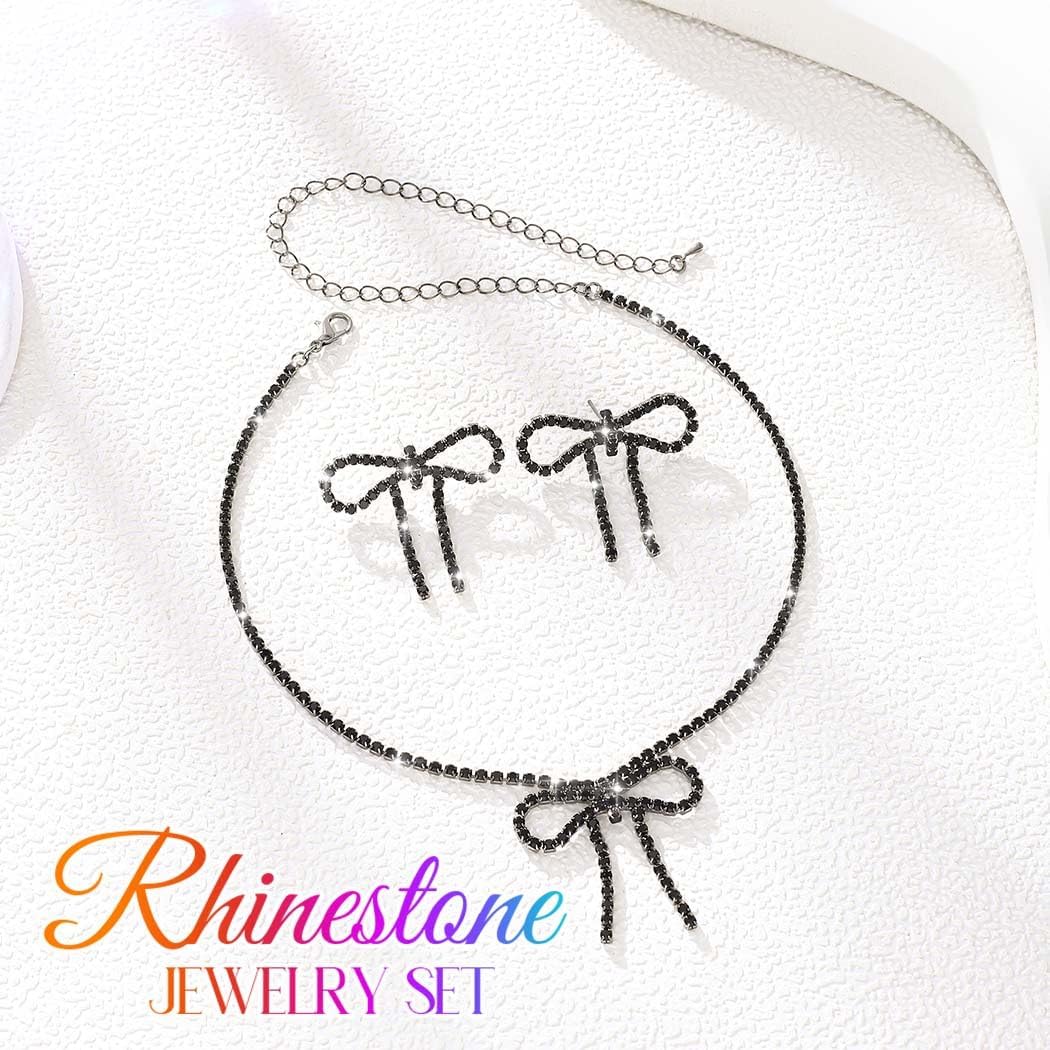 Silver Jewelry Sets Rhinestone Bow Necklace Earrings Set Prom Fashion Costume Jewelry Sets for Women