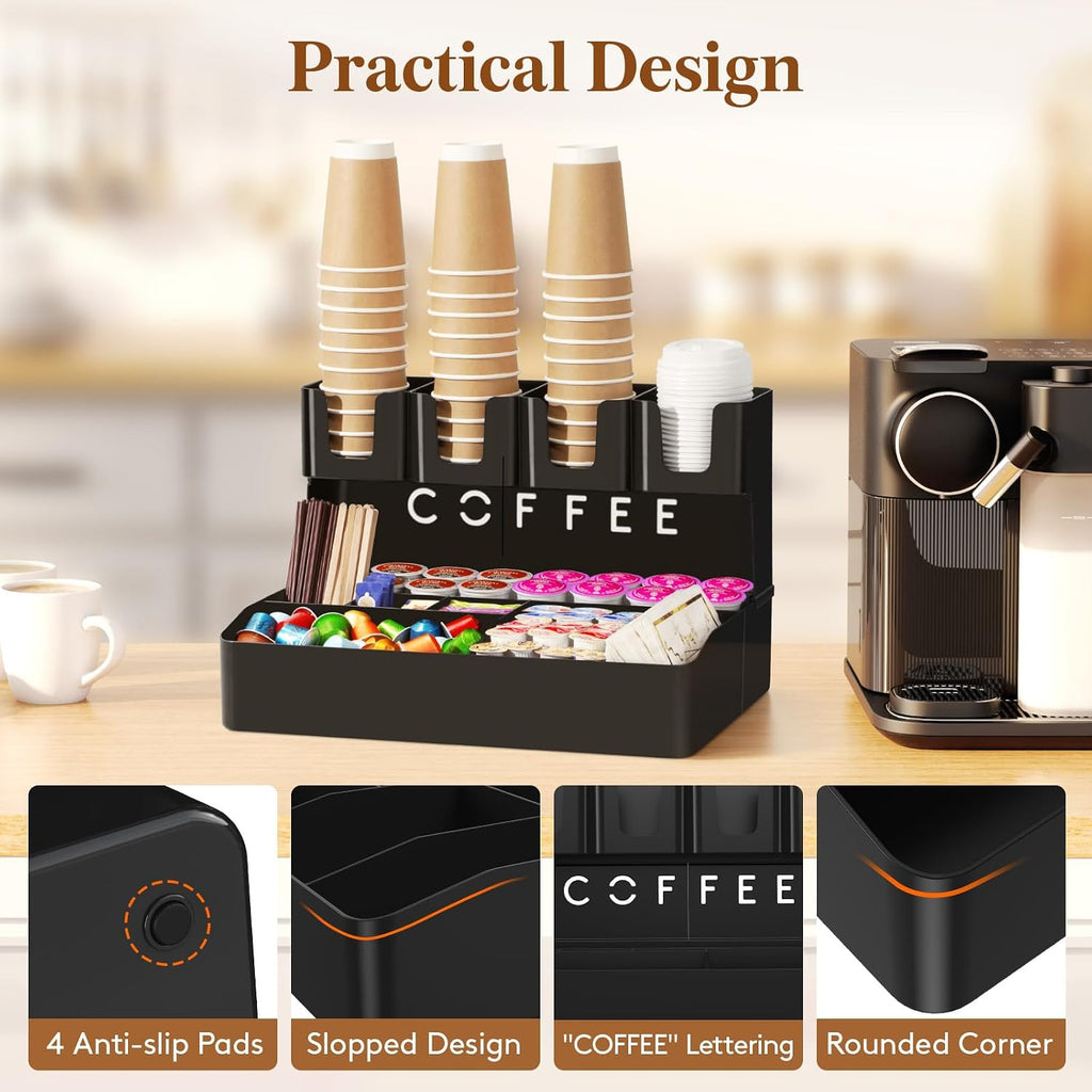 2-tier Coffee Station Organizer, 11 Compartments, Black, Plastic
