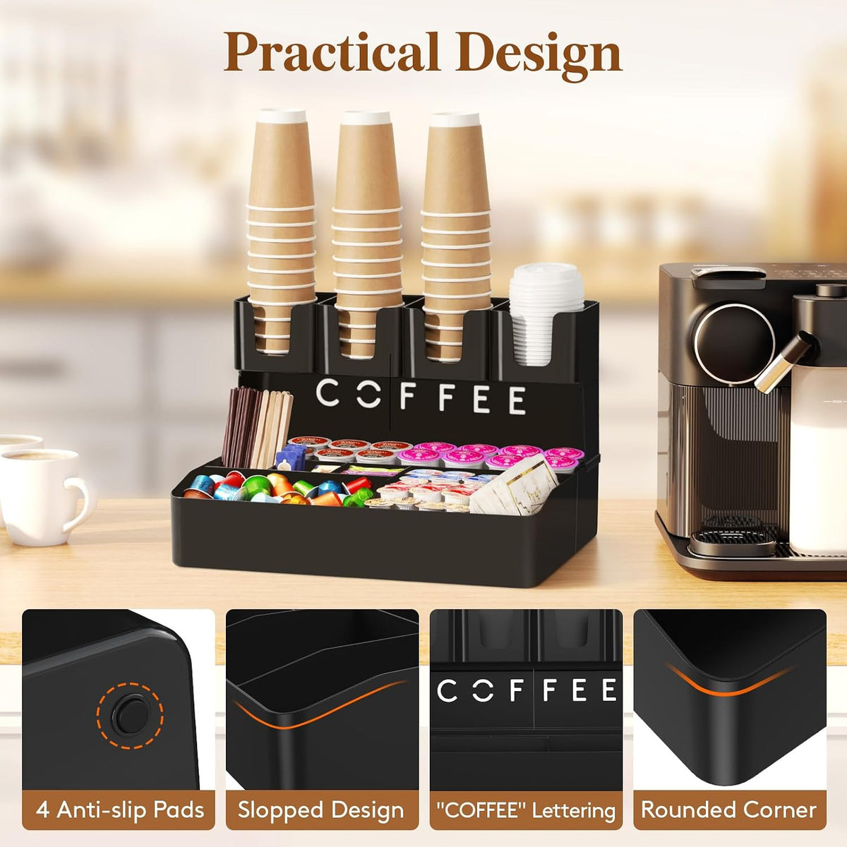 2-tier Coffee Station Organizer, 11 Compartments, Black, Plastic
