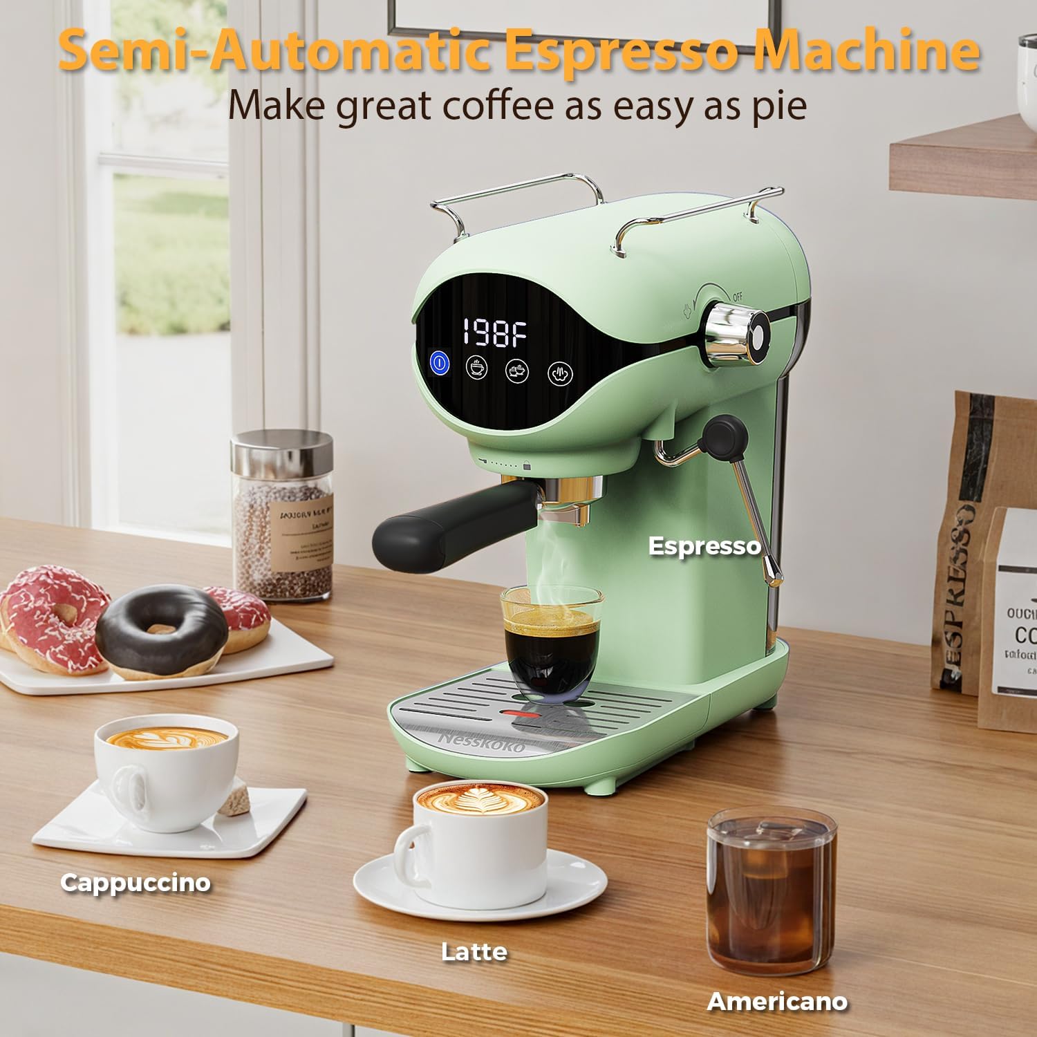 Espresso Machine with Steam Milk Frother Semi Automatic 20 Bar Compact Green with Touch Screen for home Cafetera