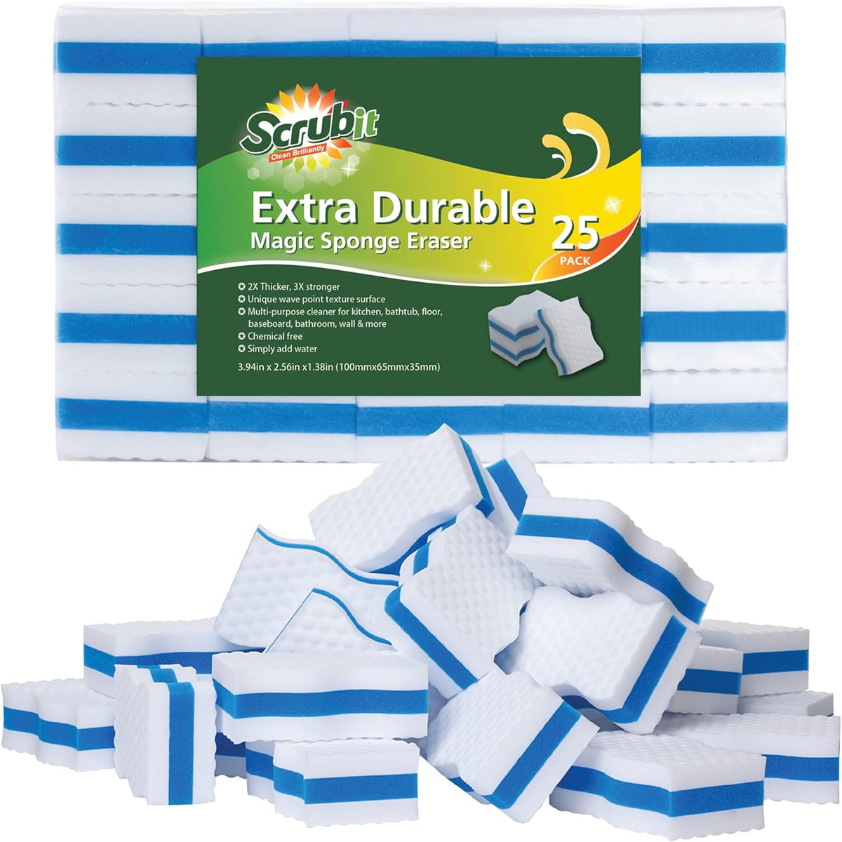 (25 Pack) Extra Durable Eraser Sponge by SCRUBIT - Kitchen, Bathroom, Floor & Wall Cleaner -Melamine Magic Cleaning