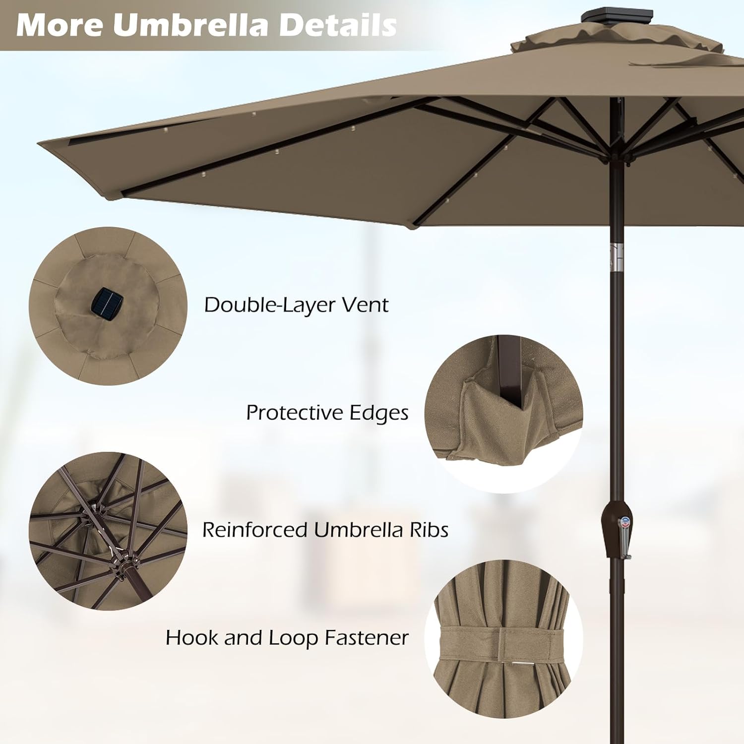 9ft/10ft Outdoor Patio umbrella with Solar Lights, Table Market Umbrella with Crank and Push-button Tilt System