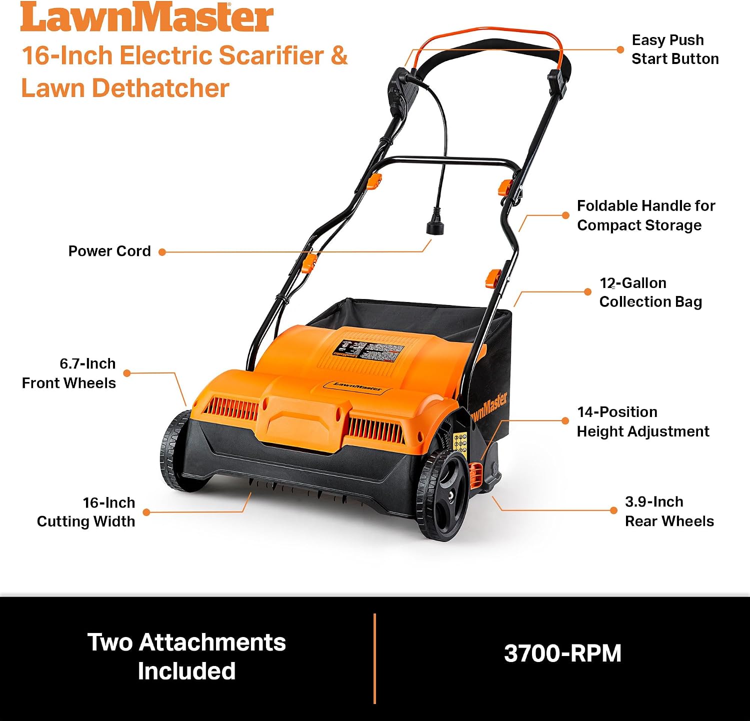 GVB1316 Electric 16” 13 Amp Dethatcher and Scarifier with 12 Gallon Collection Bag