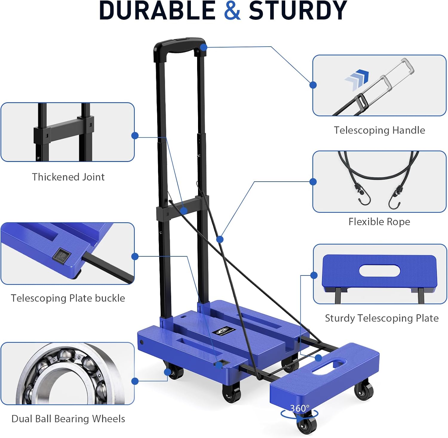 Folding Hand Truck, 500 LB Capacity Luggage Cart, Portable Folding Dolly with 6 Wheels and 2 Elastic Ropes for