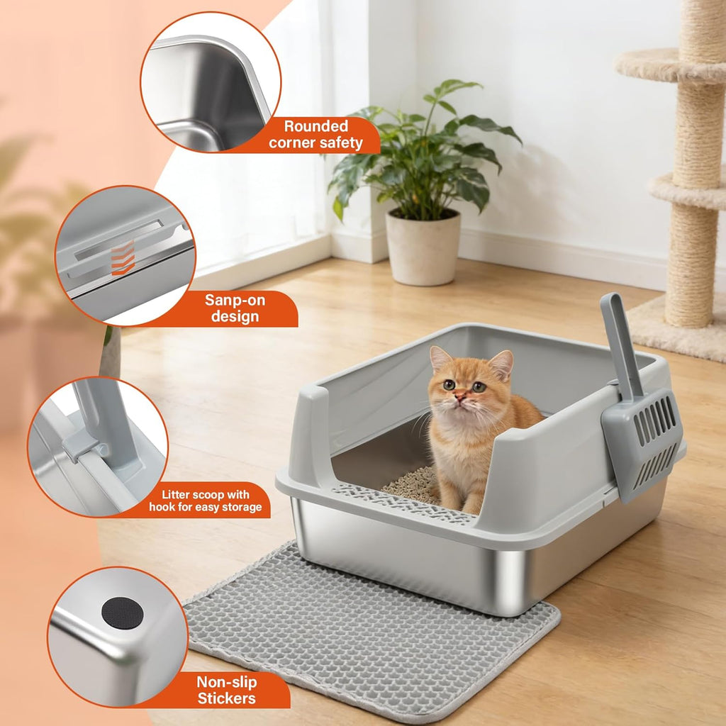 Stainless Steel Litter Box with Lid,Metal Kitty Litter Box,Low Entry Litter Boxes with Scoop and Mat,Kitten Litterbox
