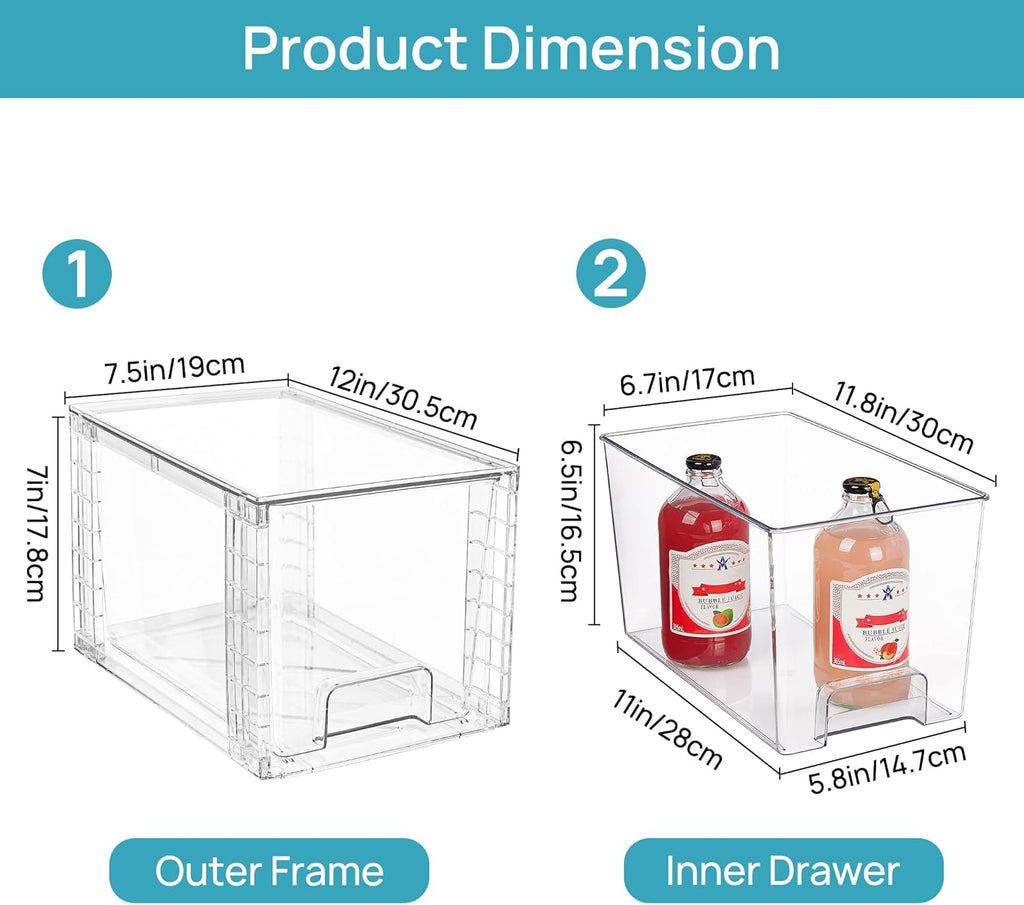 4Pack Large Stackable Kitchen Pantry Storage Drawers, Clear Organizer Bins with Handles, Acrylic Drawer Organizers