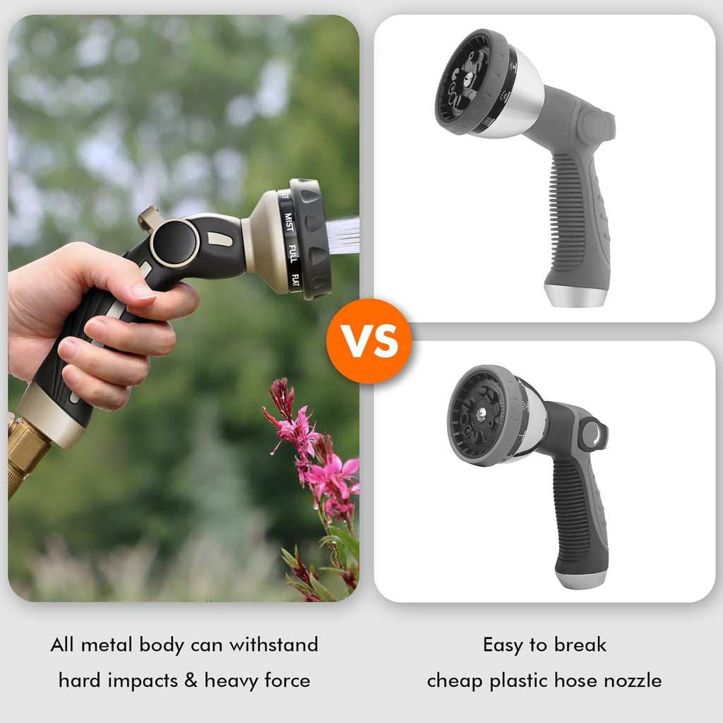 Hose Nozzle Heavy Duty, Metal Water Hose Sprayer for Garden, 9 Spray Patterns | High Pressure | Thumb Flow Control |