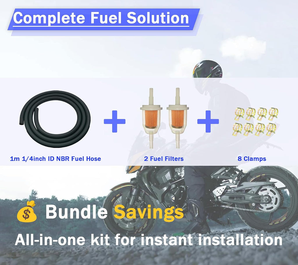 1/4 Fuel Line Hose Kit with 2 Inline Fuel Filters & 8 Clamps - for Lawn Mower, Small Engine, ATV