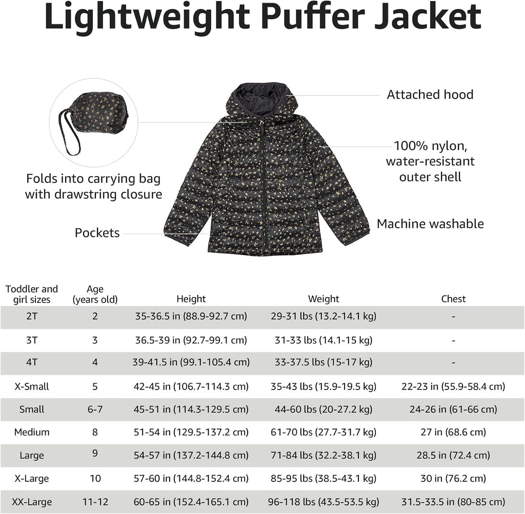 Girls and Toddlers' Lightweight Water-Resistant Packable Hooded Puffer Jacket