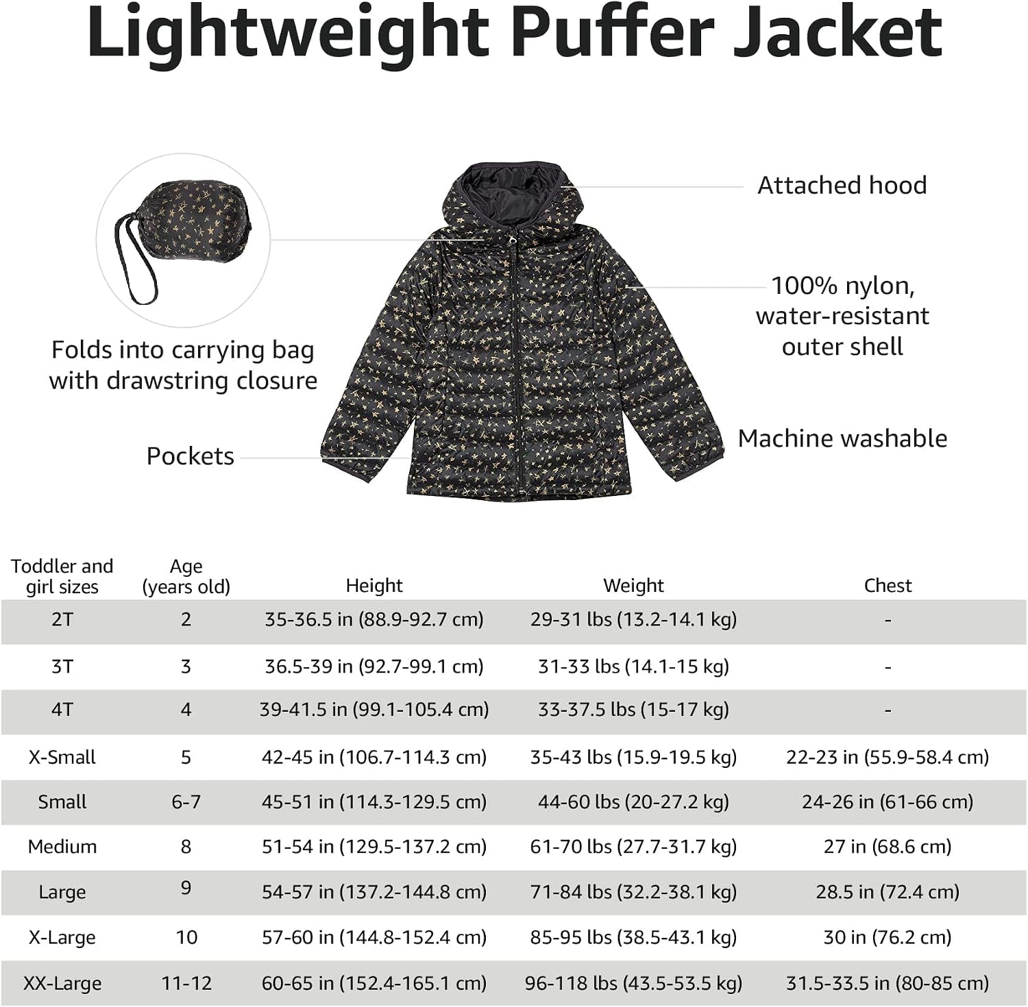Girls and Toddlers' Lightweight Water-Resistant Packable Hooded Puffer Jacket