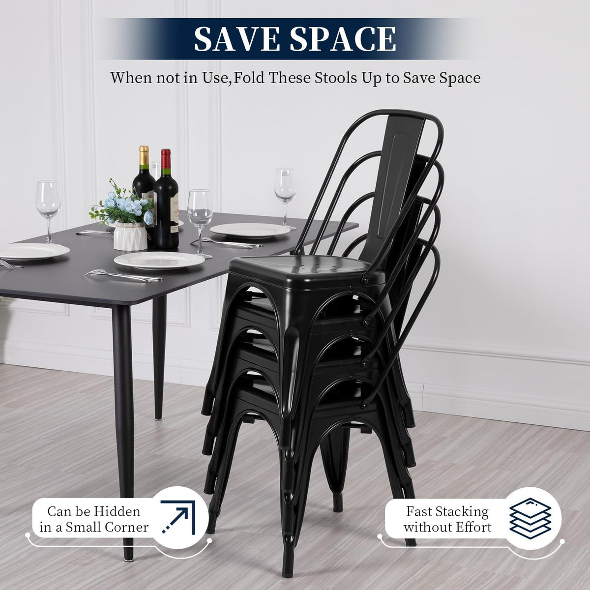Metal Dining Chairs | Set of 4, Black | 330lbs Load