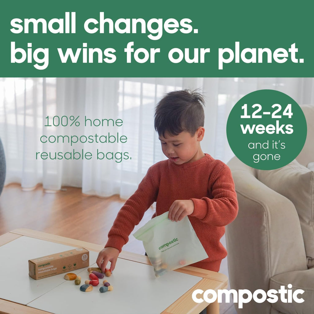 Compostable Snack Bags, 60 Ct, Resealable Zip Snack Baggies