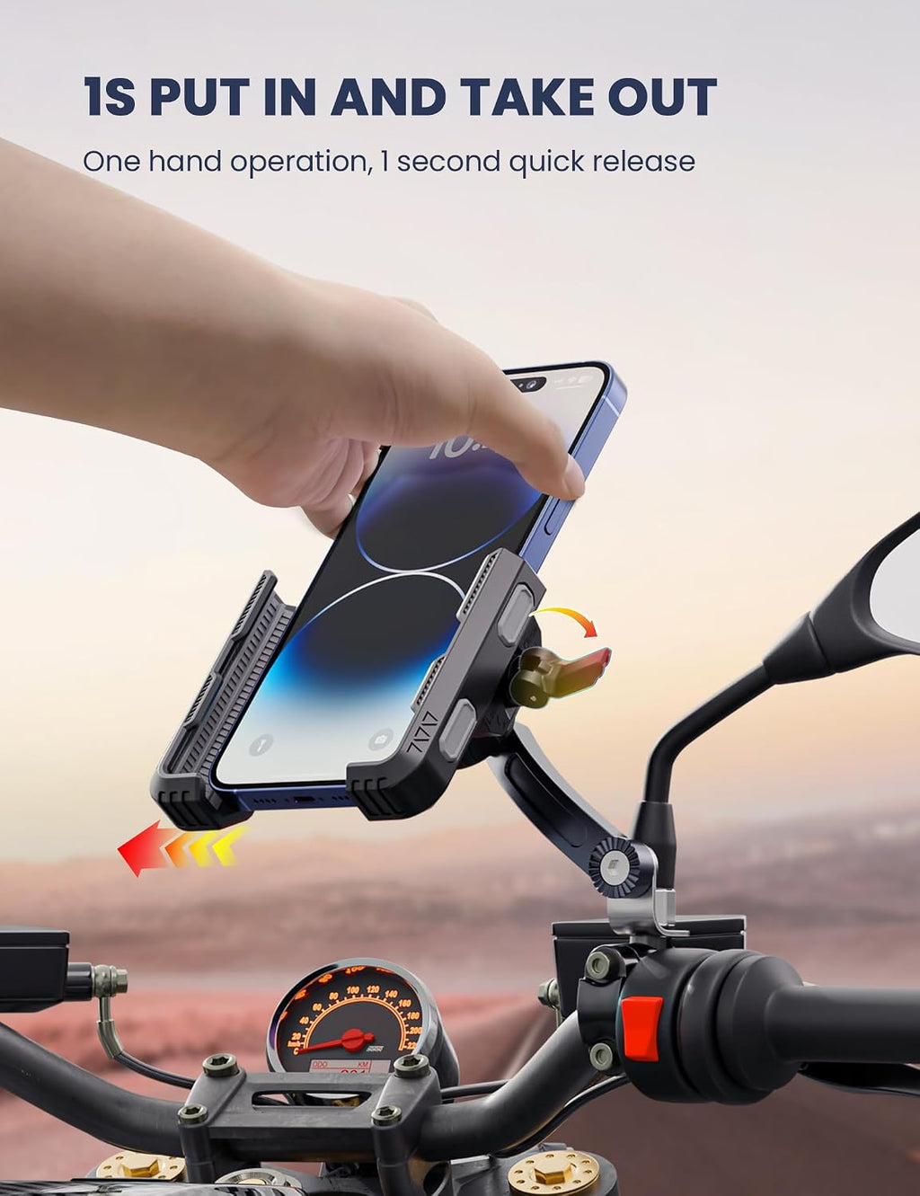 Motorcycle Phone Mount, 1S Quick Release. Anti Shake Motorbike Phone Holder for 4.0-7.0 Inch Smartphone for