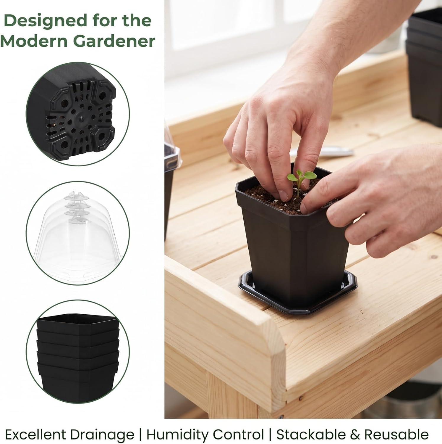 Black Plant Nursery Pots: 5Pcs Seeding Starter Pots, 3 Square Nursery Pot with Humidity Dome, Plastic Plant Container