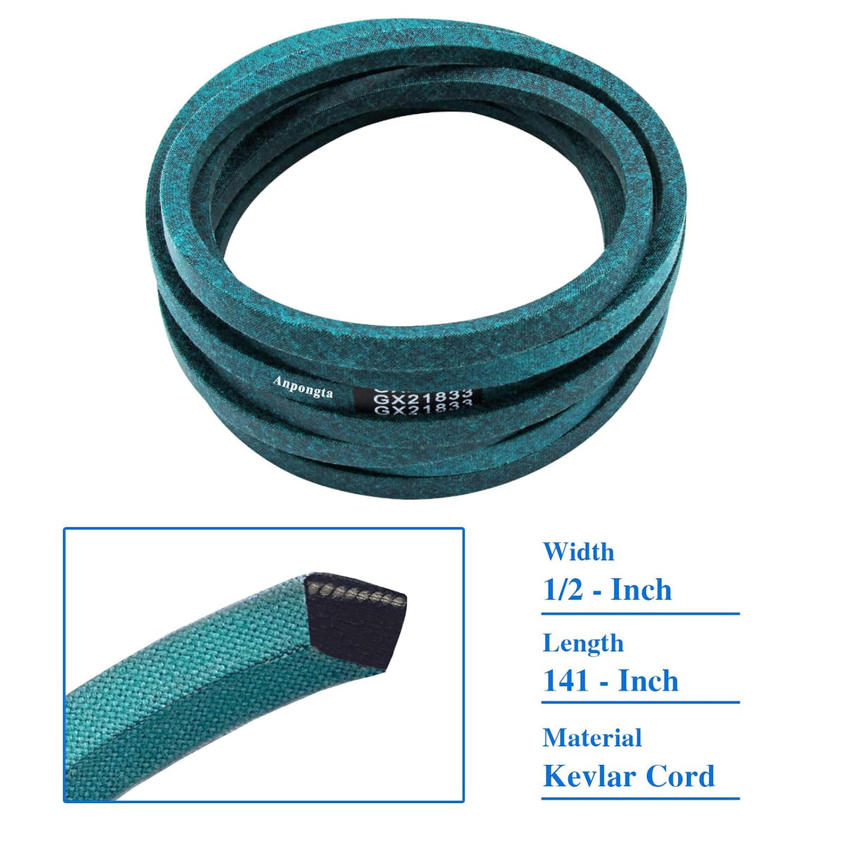 GX21833 Replacement Deck Belt for John Deere 48 inch Mower - D140, D155, D160, E140, E150, E170, S140, S160, S170 - 1/2" x 141" V-Belt, Kevlar Cord