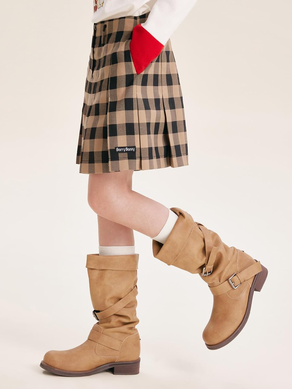 Girls Plaid Pleated Skort Khaki Black Checkered School Uniform Skirt Casual A-Line Skort for Girls 6-16Y