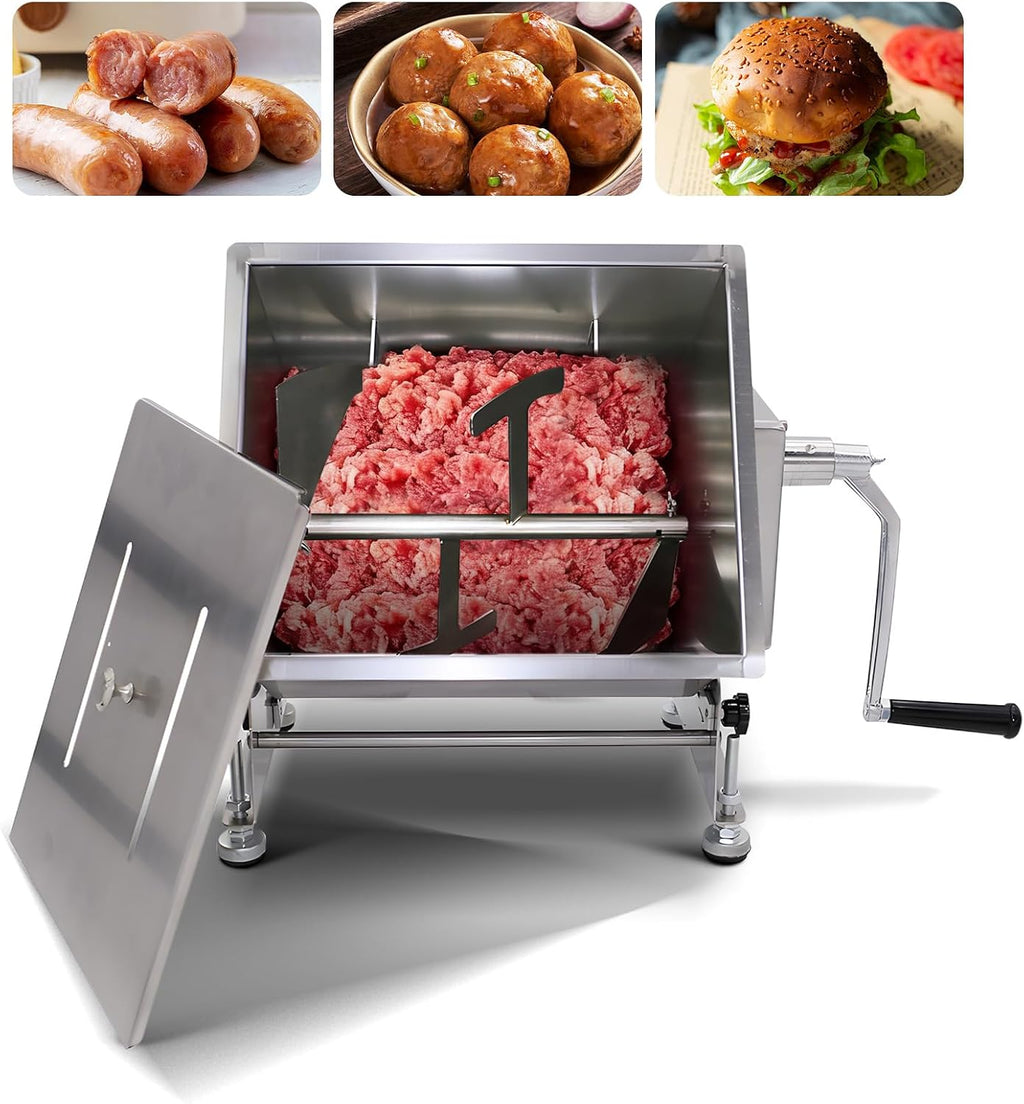 Hakka Commerical Meat Mixer, Stainless Steel 10L Tilt Tank Manual Meat Mixer for Sausage (Mixing Max.15lb/7.5L for Meat)