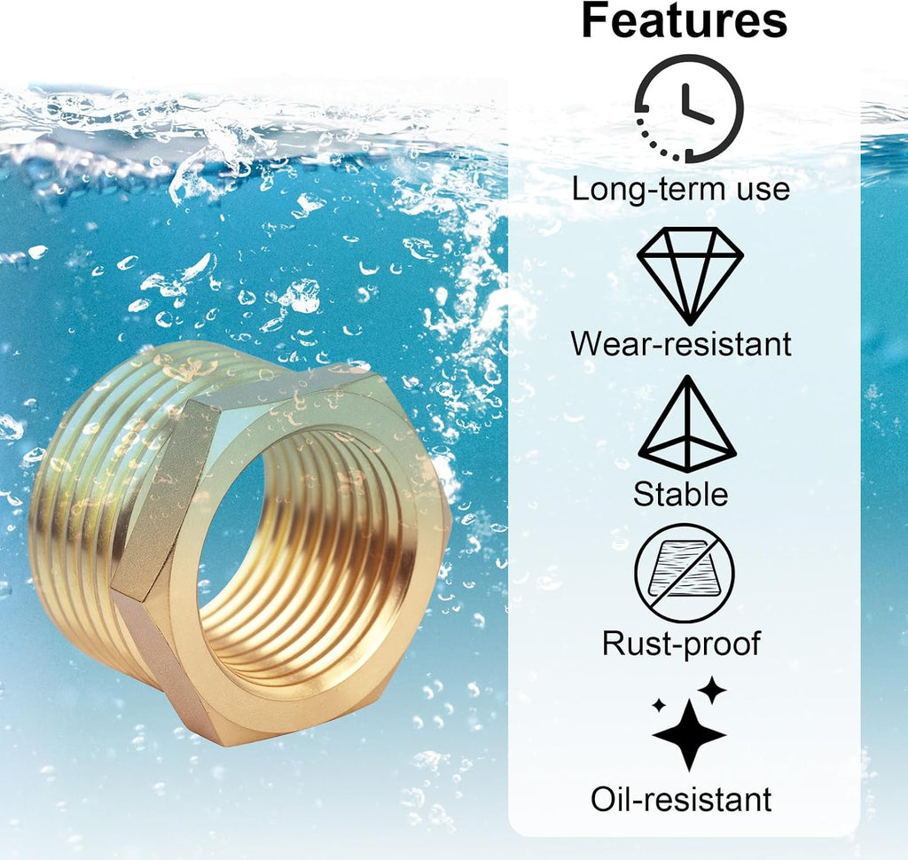 2pcs Brass Reducer Hex Bushing, 3/4" NPT Male to 1/2" NPT Female Adapter