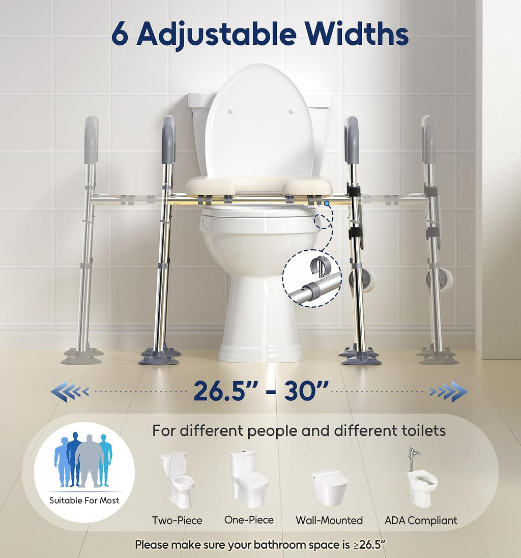 Raised Toilet Seat with Handles, Width & Height Adjustable Toilet Seat Risers for Seniors, Heavy Duty 400lbs Elevated