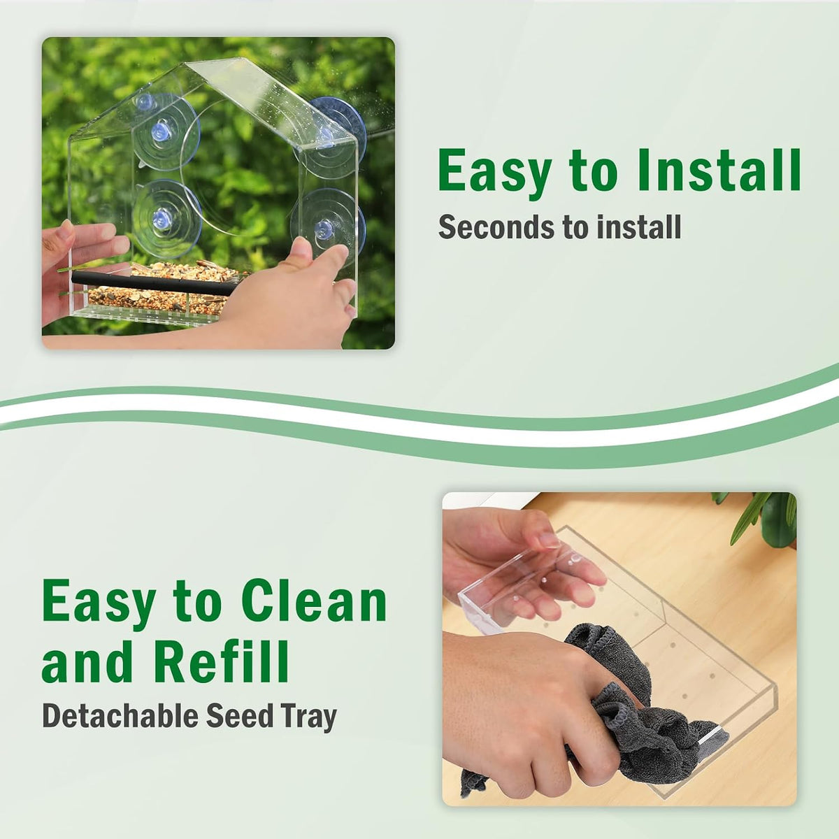 Clear Window Bird Feeder with Strong Suction Cups, Removable Tray