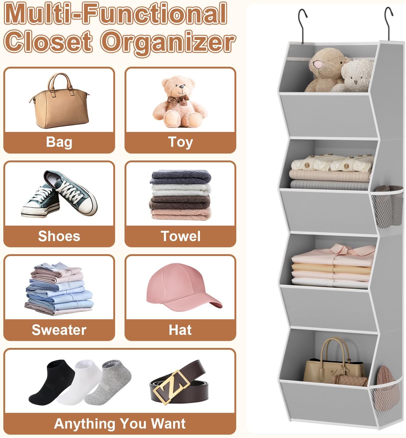 Hanging Closet Organizer 4 Shelf Collapsible Bedroom Closet Organizers and Storage Hanging with Mesh Pockets for