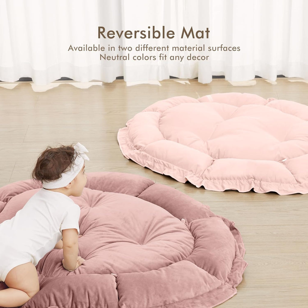 5 in 1 Baby Play Gym Mat, Reversible Tummy Time Mat with 5 Sensory Toys for Stage-Based Developmental, Thick & Large