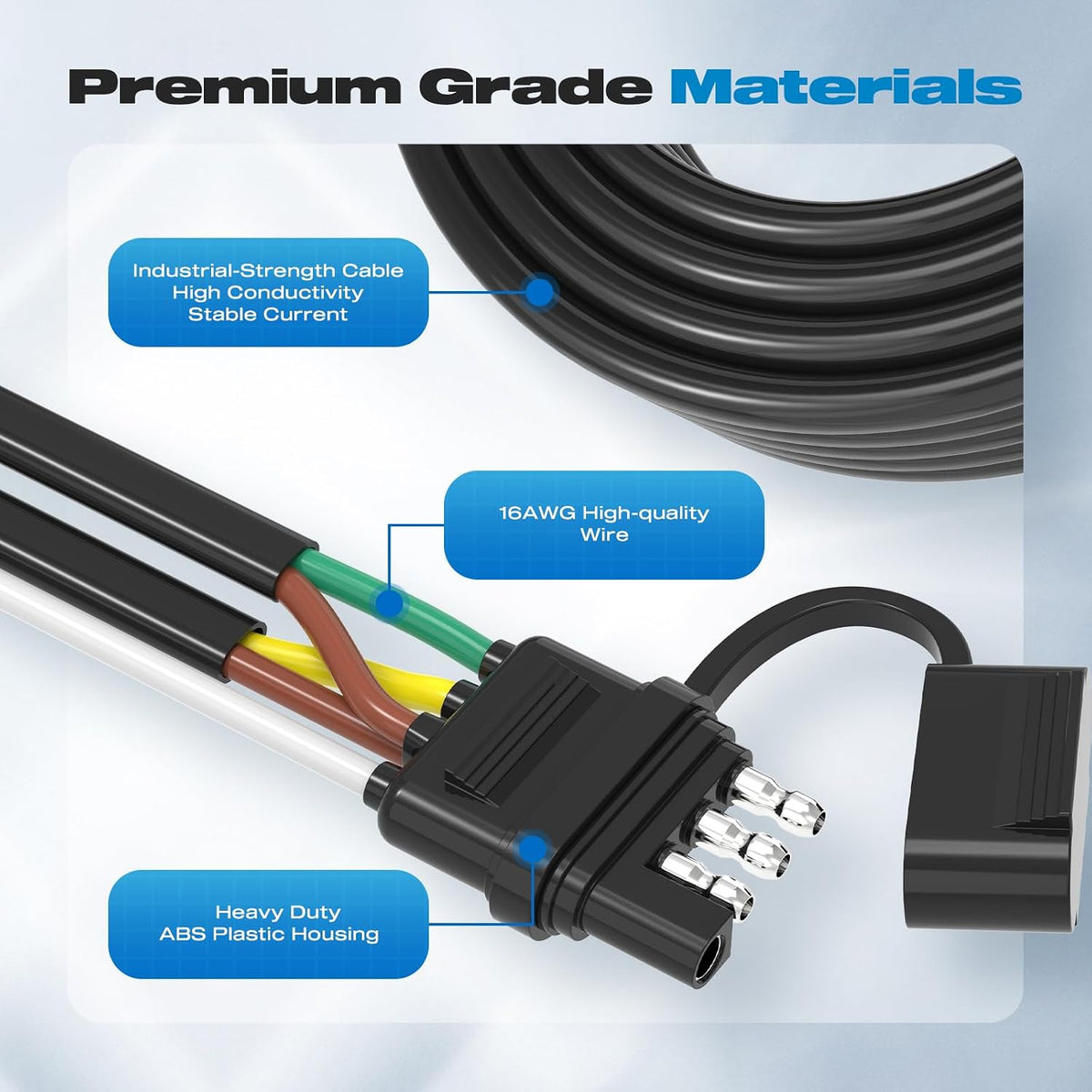 4 Pin 5 Wire Trailer Wiring Harness Kit, Malictele 50FT 16AWG Core with Jacketed Cable Trailer Light Kit 4 Way Flat 5