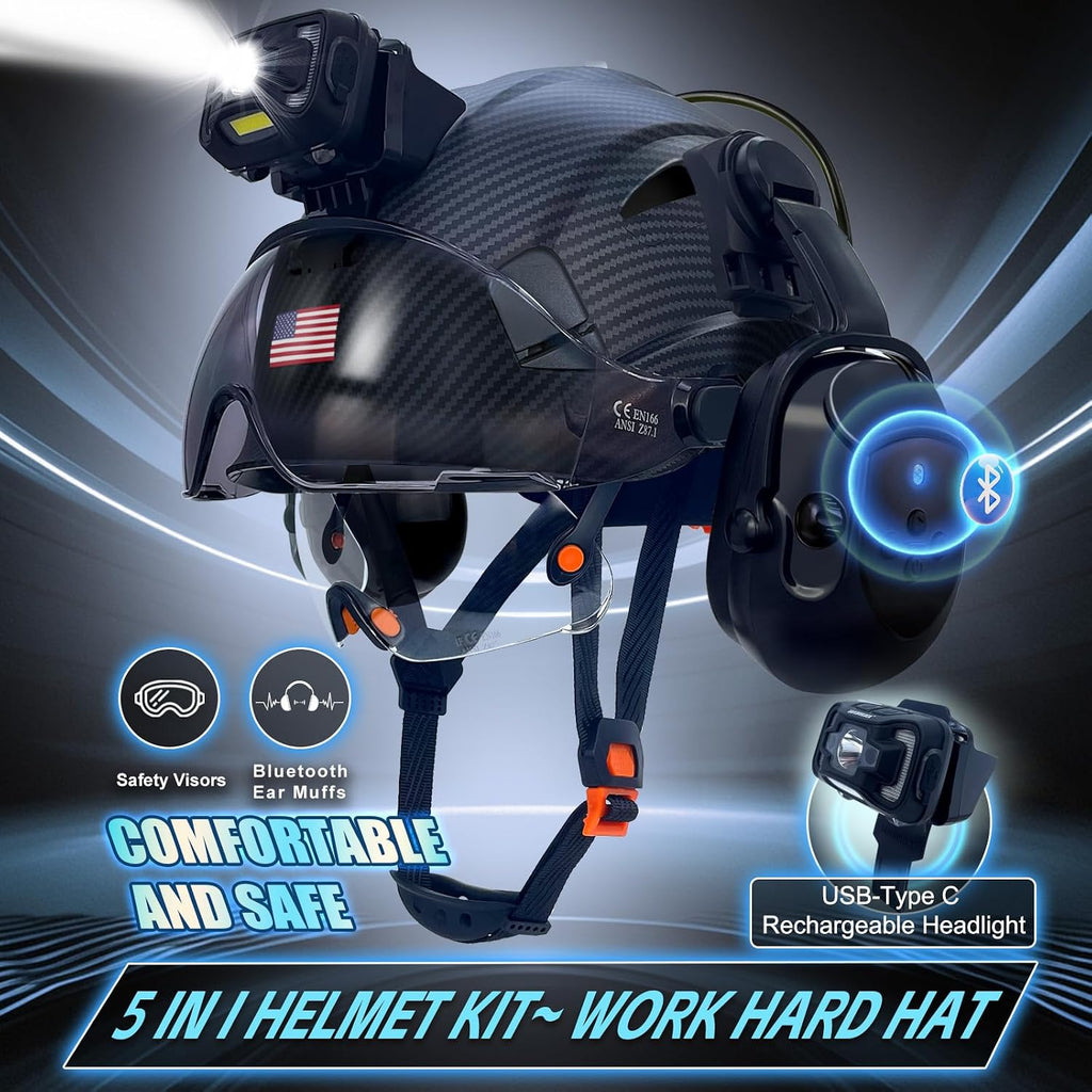 Hard Hats with Bluetooth Ear Muffs Headlight Safety Helmet with Visor Vented Adjustable Construction Forestry