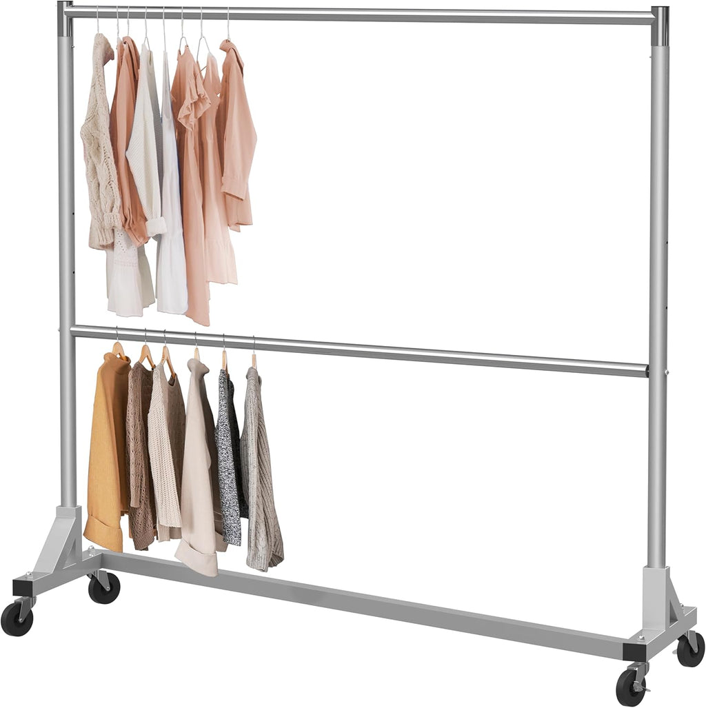 Commercial Grade Z-Base Double Rod Garment Rack, Silver | 600Lb Load with 63" Extra Long Bar, Adjustable Middle Bar