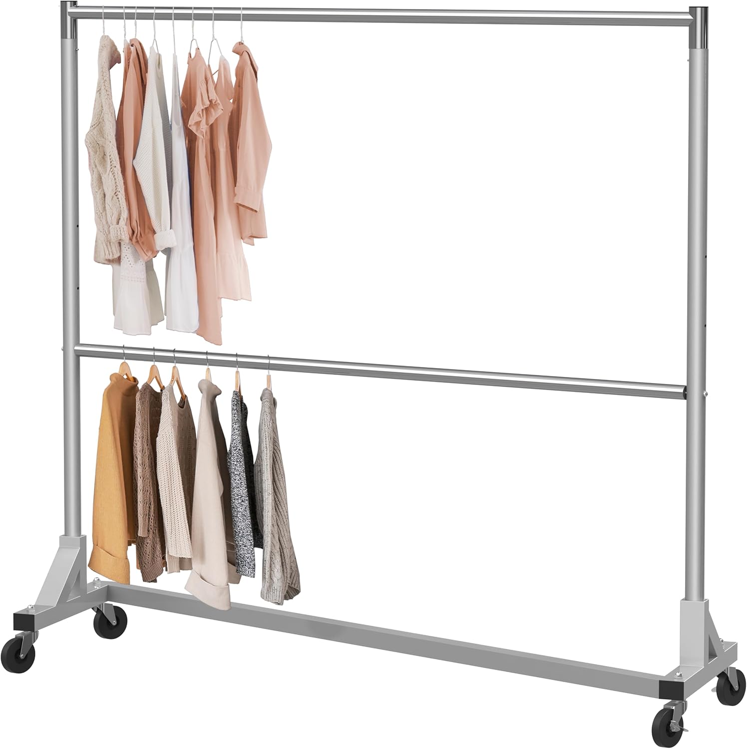 Commercial Grade Z-Base Double Rod Garment Rack, Silver | 600Lb Load with 63" Extra Long Bar, Adjustable Middle Bar