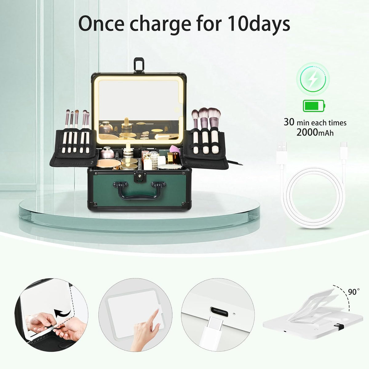 Makeup Case with Lighted Mirror, Makeup Box Organizer with Detachable LED Mirror, Travel Makeup Train Case