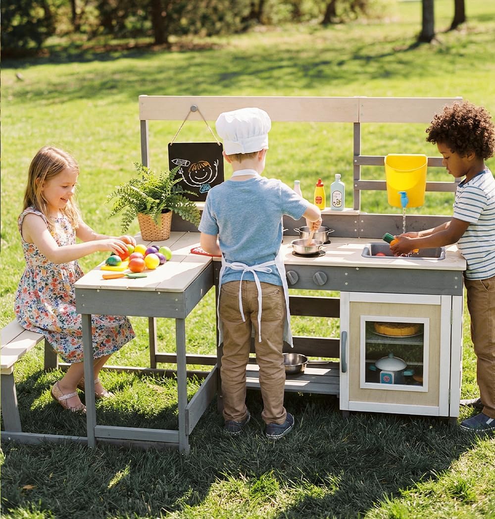 Mud Kitchen, Outdoor Play Kitchen with Faucet Chalkboard Stoves Removable Sink Cooking Accessories Wooden Kids