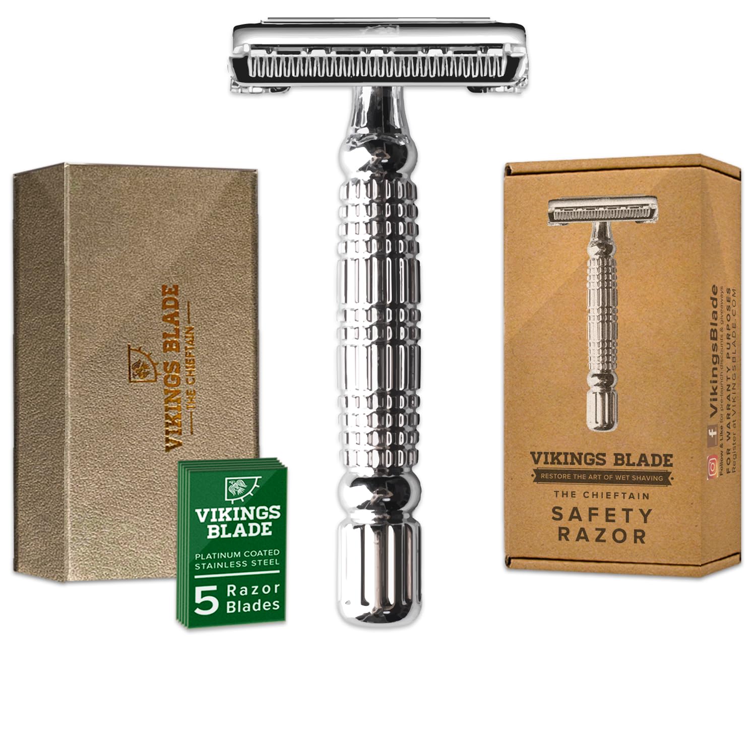 Double Edge Safety Razor for Men + 5 Swedish Steel Blades + Luxury Case. Smooth, Reusable, Eco-Friendly (The Chieftain)