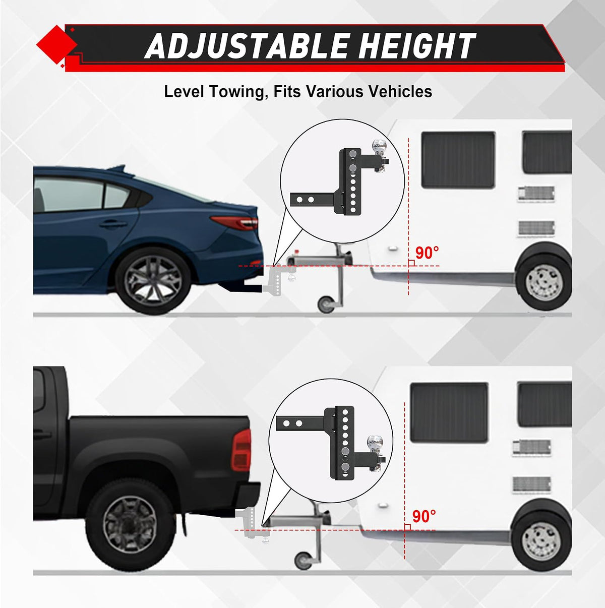 Adjustable Trailer Hitch Ball Mount for 2 Inch Receiver