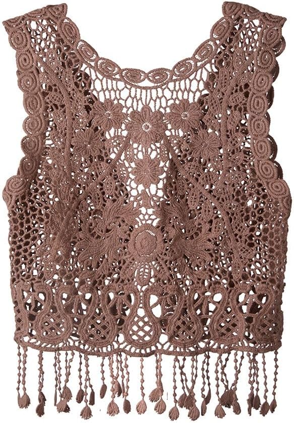 Girls Crochet Vest Cardigan with Fringe V-Neck Sleeveless Boho Vest Hollow Out Cardigan