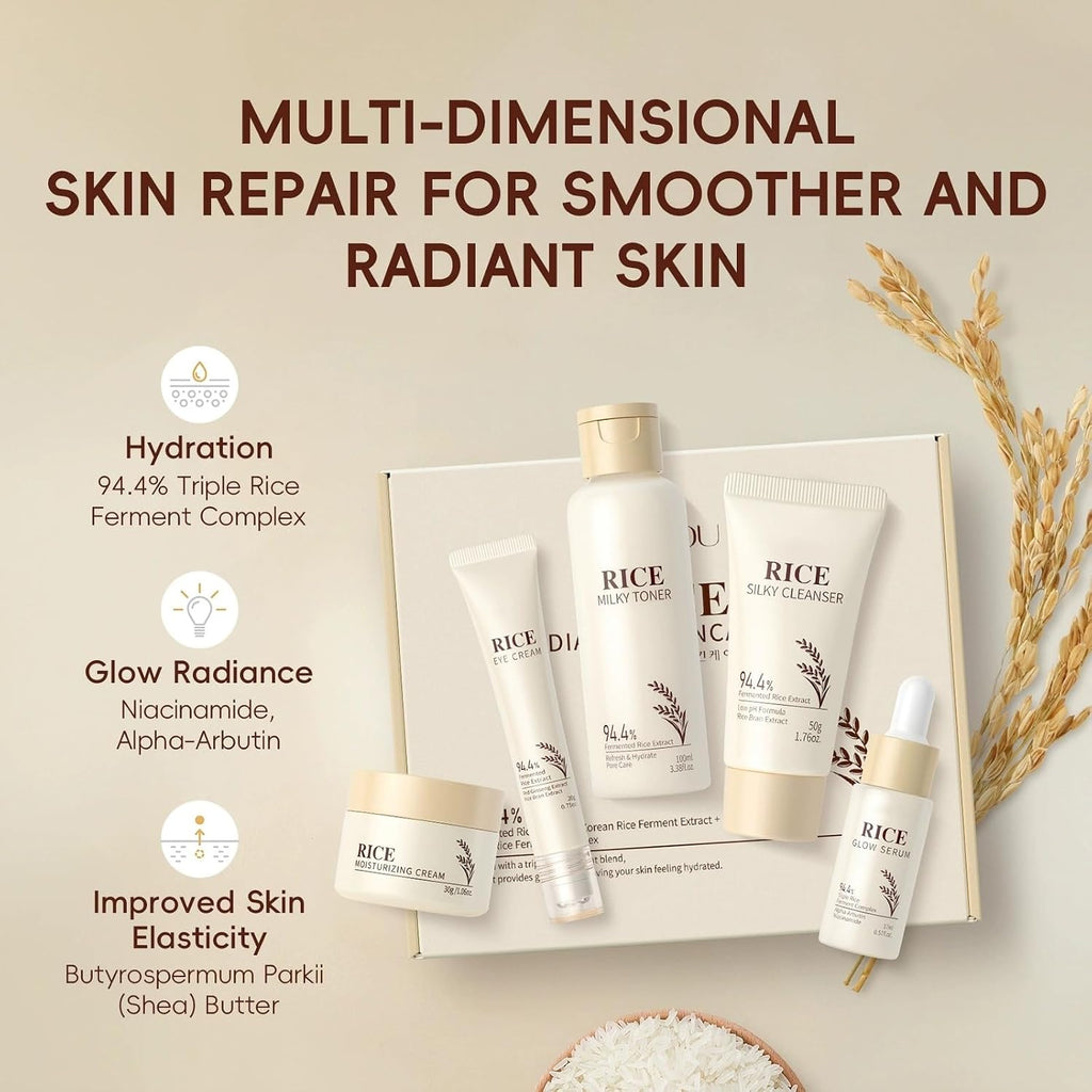 Moisturizing Korean Rice Skin Care Set – Radiance Skincare 5-Step Routine with Rice Cleanser, Toner, Serum, Face