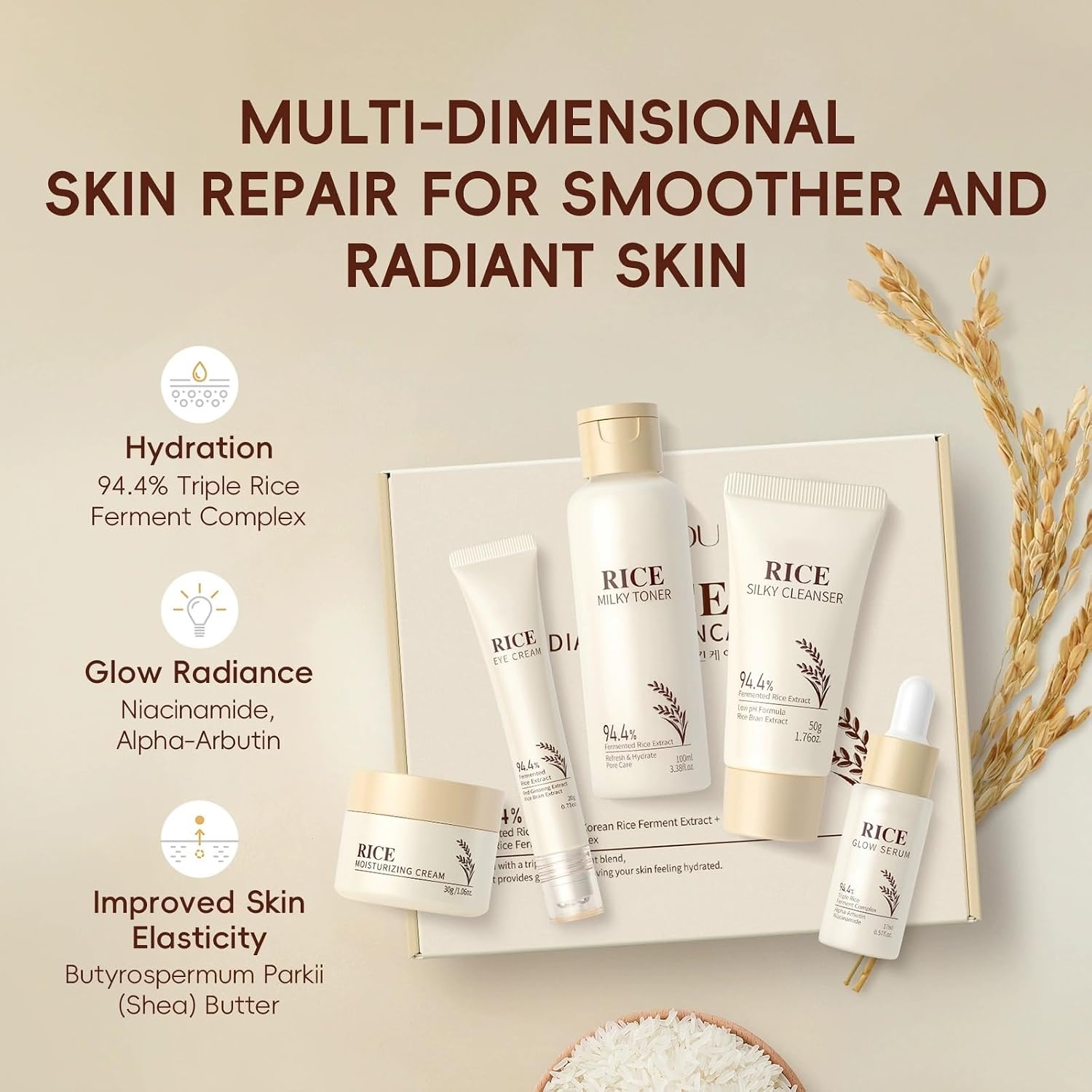 Moisturizing Korean Rice Skin Care Set – Radiance Skincare 5-Step Routine with Rice Cleanser, Toner, Serum, Face