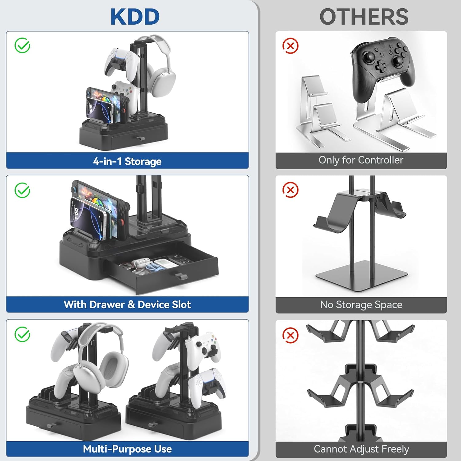 Headphone Stand with Drawer - Rotatable Headset & Detachable Controller Holder for Desk - Multifunctional Organizer
