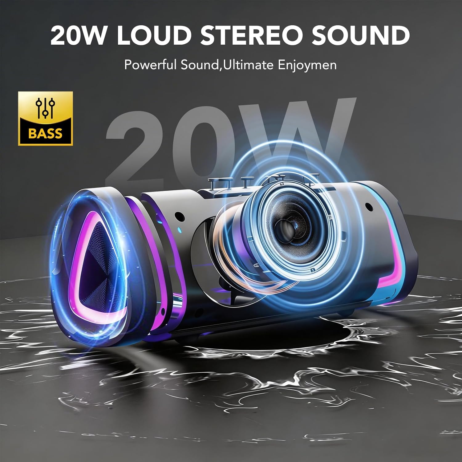 Bluetooth Speaker, 2026 Portable Wireless Speakers with Led Light, Bluetooth 5.4, 15H Playtime, Enhanced Bass, IPX7