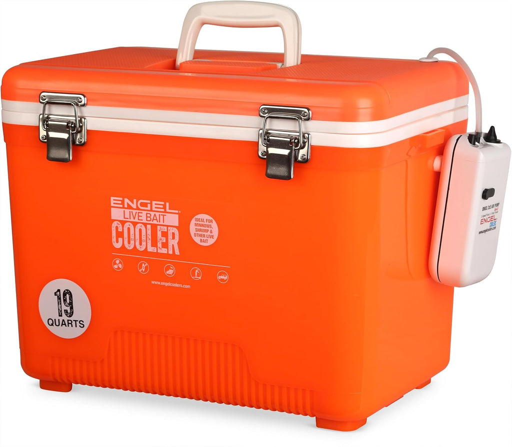 Live Bait Cooler Box with 2nd Gen 2-Speed Aerator Pump - Portable Fishing Station & Minnow Bucket for Shrimp & Other