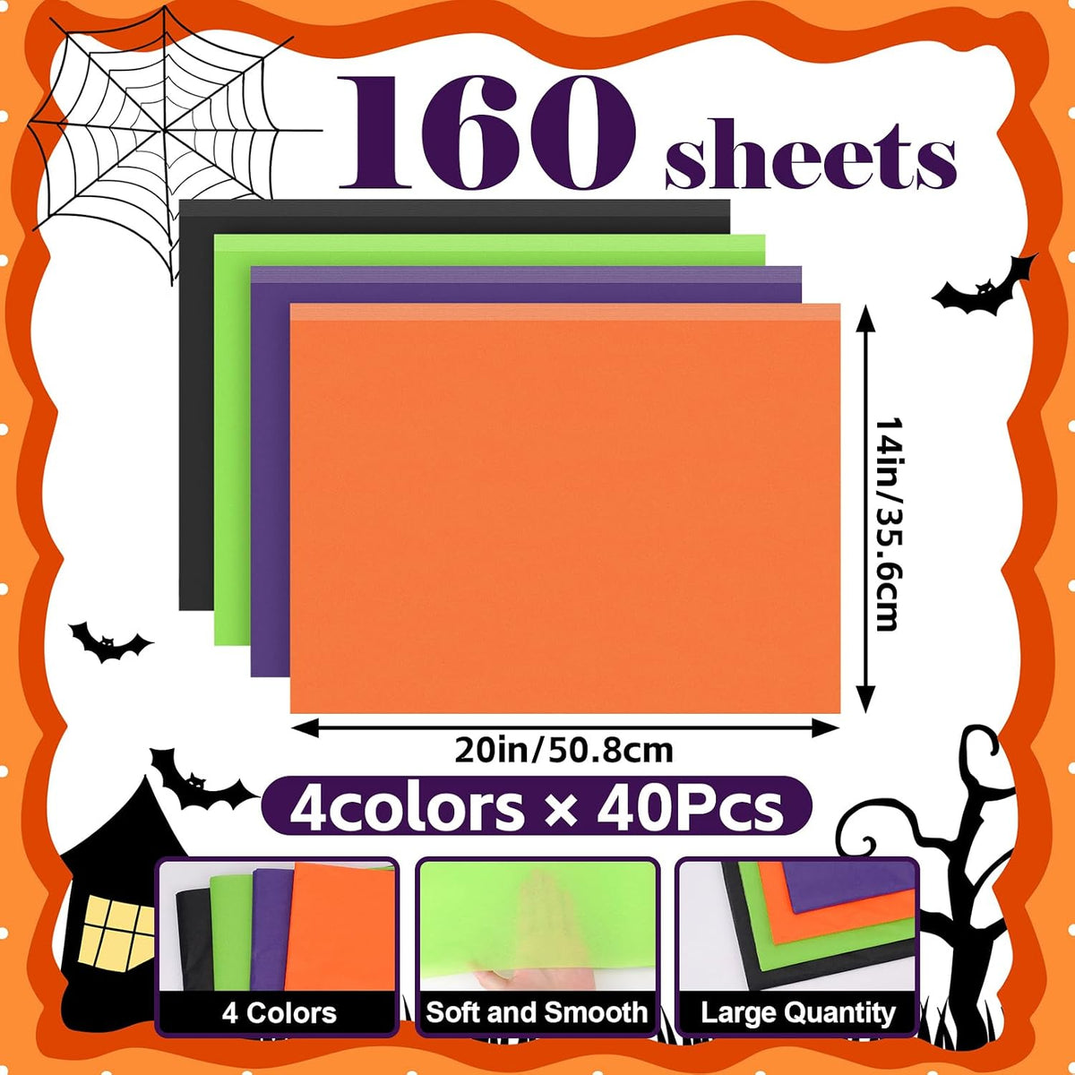 160 Sheets Halloween Tissue Paper,4-Color 14"X20" Tissue Paper Bulk