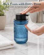 Foaming Soap Dispenser, Vintage Embossed Glass Foam Soap Dispenser, Blue