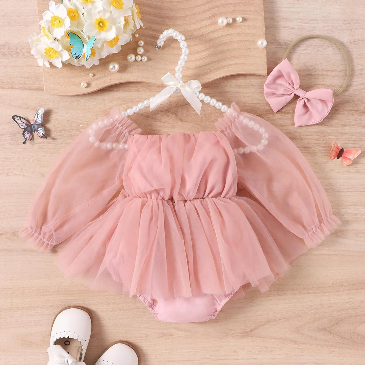 Newborn Baby Girl Romper Dress Flower Embroidery Tutu Princess Long Sleeve One-Piece Bodysuit Cake Smash Outfit