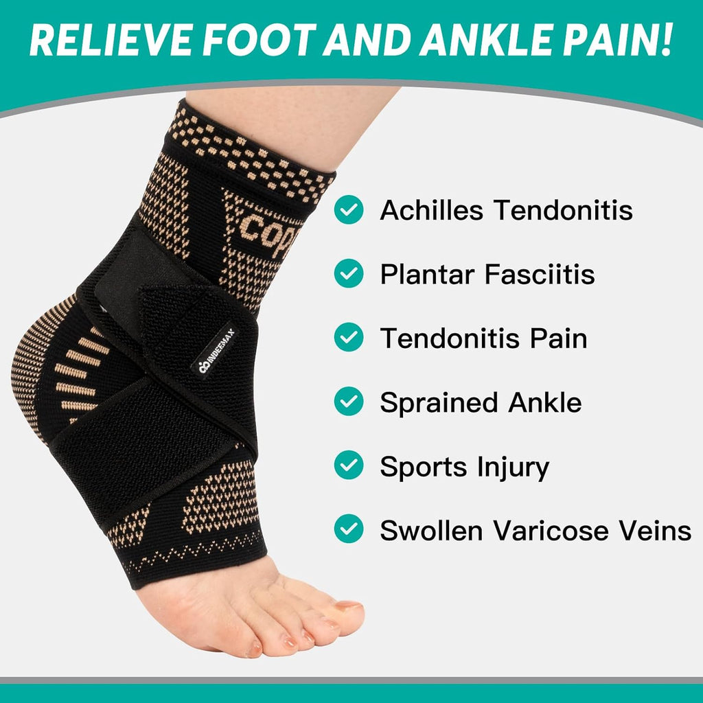 Ankle Brace for Sprained Ankle Compression Sleeve, 2 Pack Copper Infused Ankle Support Brace for Women & Men, Plantar