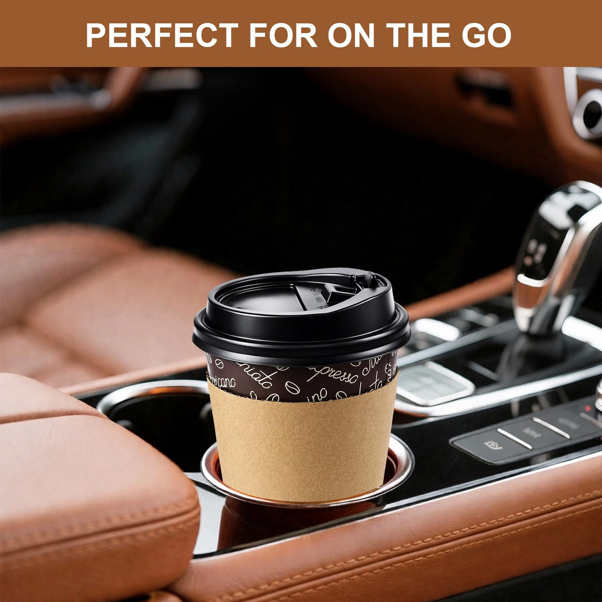 to Go Paper Coffee Cups with Lids and Straws 12 oz, Café Design 100 Pack Disposable Coffee Cups with Sleeves for Hot