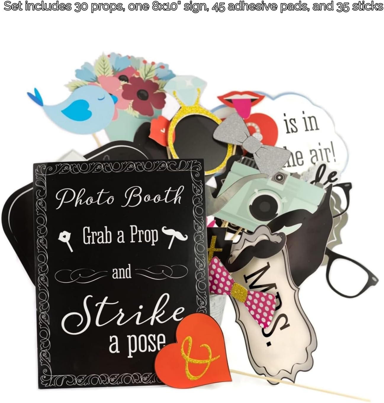 Wedding Photobooth Props Kit, Engagement Photo Booth Accessories with Wooden Dowels for Bridal Shower Wedding Favour