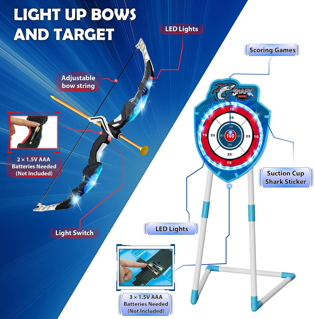 2 Pack Bow and Arrow Toy with LED Light - 4 in 1 Archery & Dart Game Set with 20 Suction Cup Arrows, Shark Glow