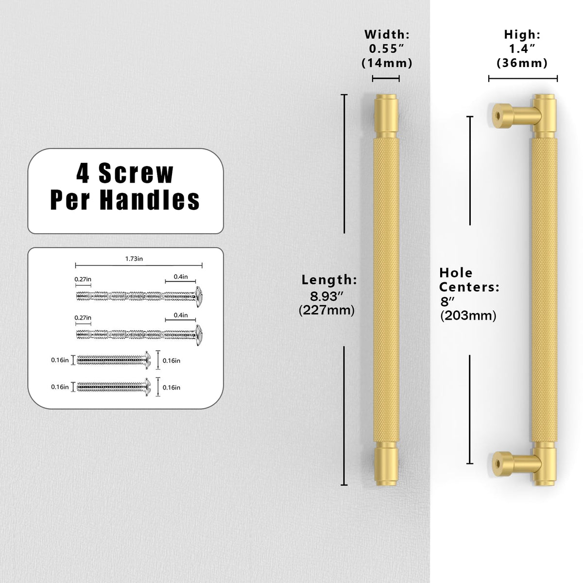 10 Pack Brushed Gold Knurled Cabinet Pulls 8 Inch(203mm) Kitchen Cabinet Handles Cabinet Hardware for Drawer Pulls